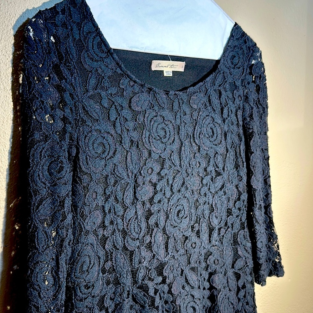 Urban Outfitters- Comme toi… black floral lacy Sheer sleeves, lined bodice/skirt